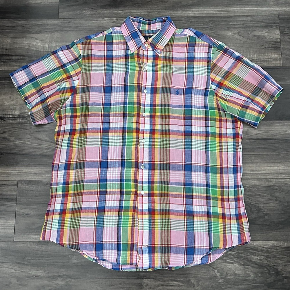 Polo Ralph Lauren Shirt Men XL Multi Plaid 100% Linen Short Sleeve Pony